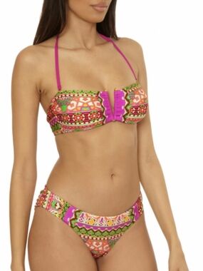 BECCA Hot Pink Multicolor Printed Bandeau 2 Piece Bikini And Top